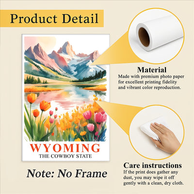 Wyoming Print Travel Poster Wildflowers Mountain Cowboy State Souvenir Wall Art Landscape Painting Picture Ideal Gift For Home Living Room Office Bedroom Decor Unframed | teecentury