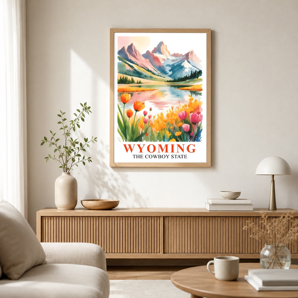 Wyoming Print Travel Poster Wildflowers Mountain Cowboy State Souvenir Wall Art Landscape Painting Picture Ideal Gift For Home Living Room Office Bedroom Decor Unframed | teecentury