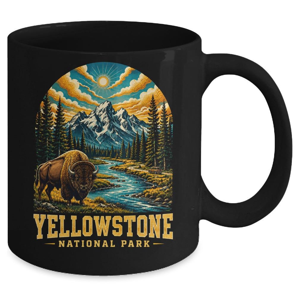 Yellowstone National Park Bison Sunset Mountain Adventure Mug | teecentury