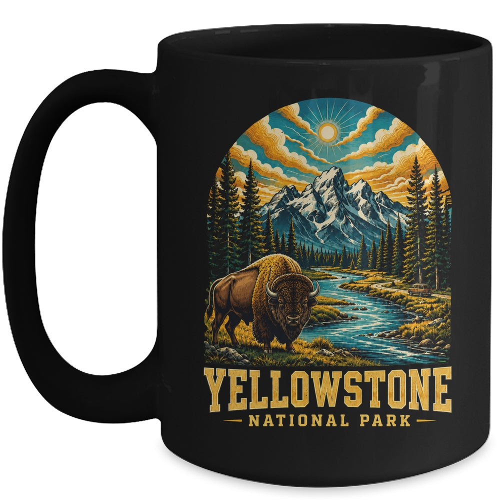 Yellowstone National Park Bison Sunset Mountain Adventure Mug | teecentury