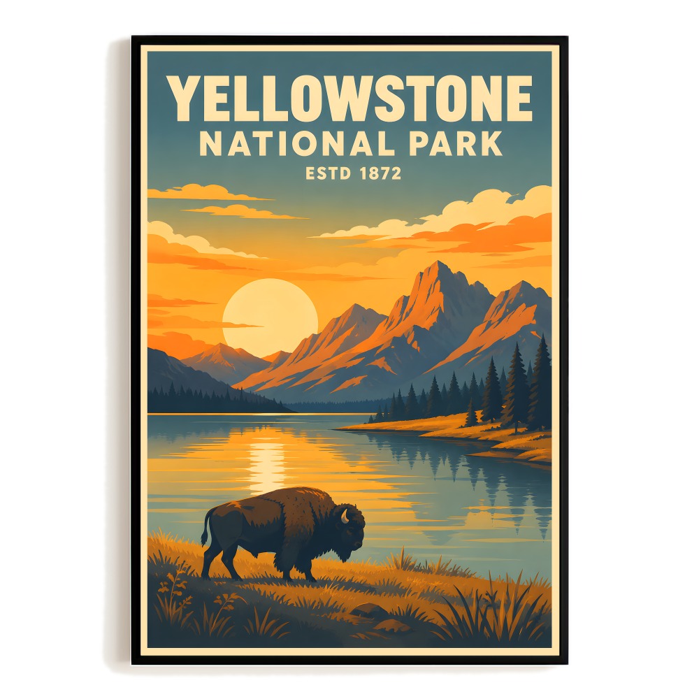 Yellowstone National Park Travel Poster Vintage Bison Mountain Sunset Landscape Wall Art Decor For Home Living Room Office Bedroom Souvenir Print Unframed | teecentury