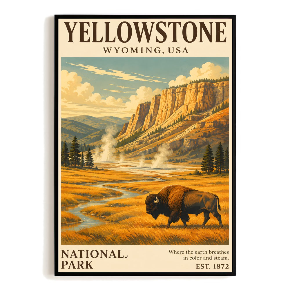 Yellowstone National Park Travel Poster Wyoming Usa Vintage Bison Landscape Wall Art Decor For Home Living Room Office Bedroom Souvenir Gifts Retro Print Unframed | teecentury