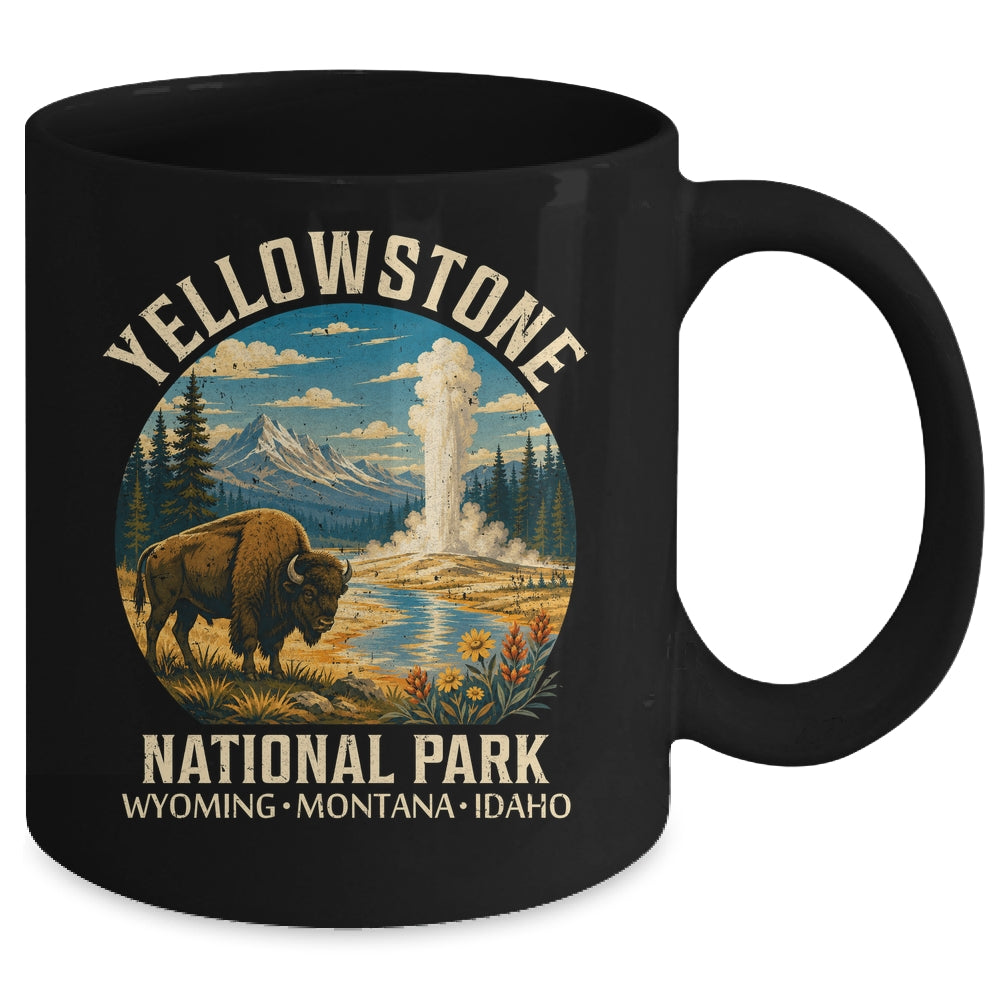 Yellowstone National Park Vintage Bison Geyser Camping Mug | teecentury