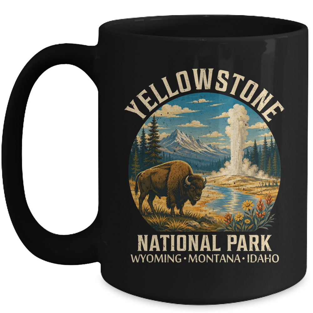 Yellowstone National Park Vintage Bison Geyser Camping Mug | teecentury