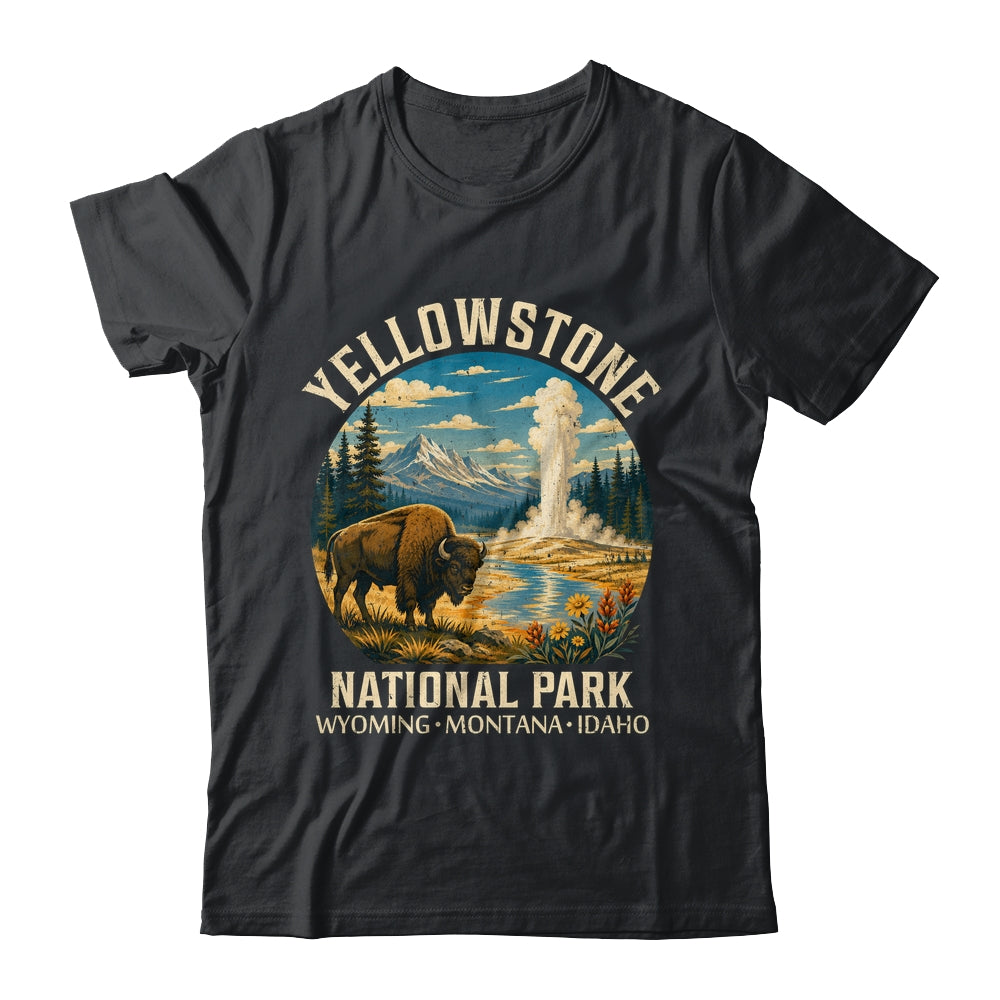 Yellowstone National Park Vintage Bison Geyser Camping Shirt & Tank Top | teecentury