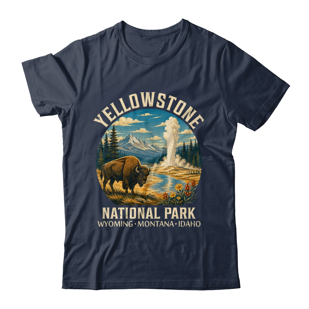 Yellowstone National Park Vintage Bison Geyser Camping Shirt & Tank Top | teecentury