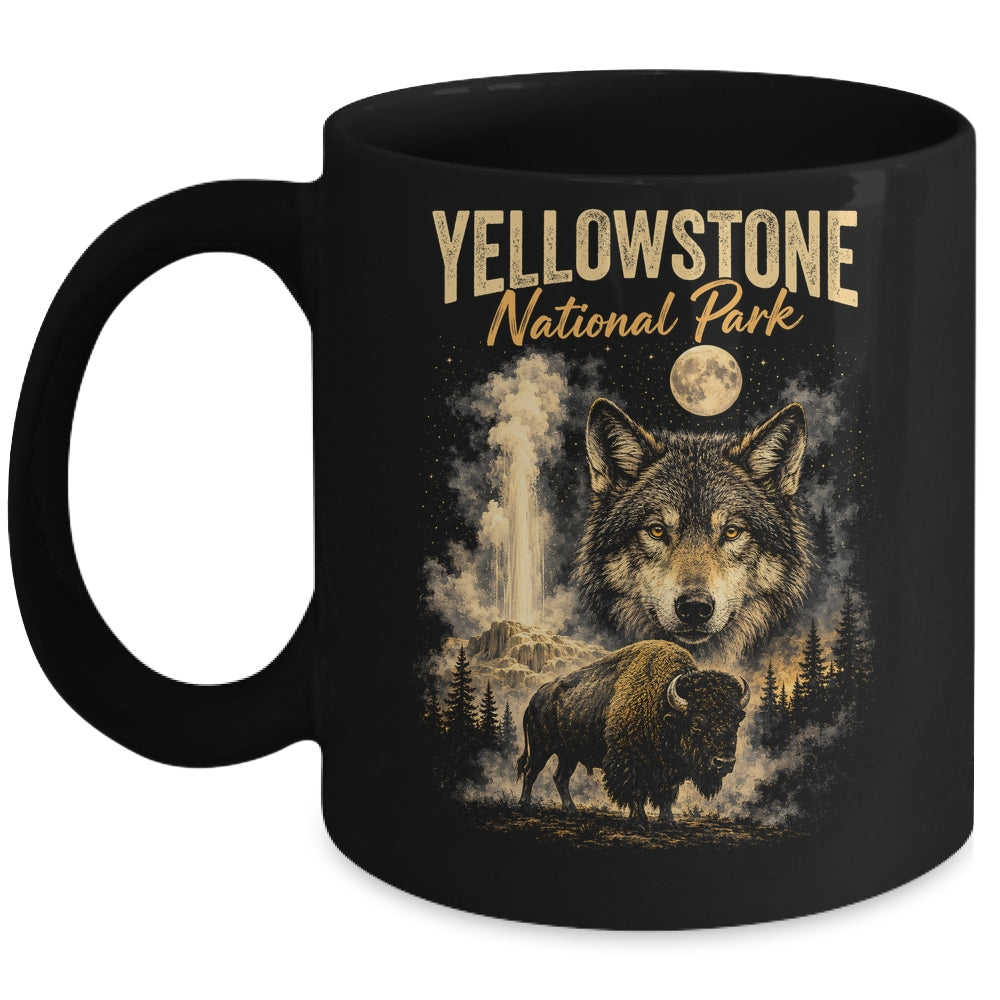 Yellowstone National Park Wolf And Bison Geyser Vintage Men Mug | teecentury