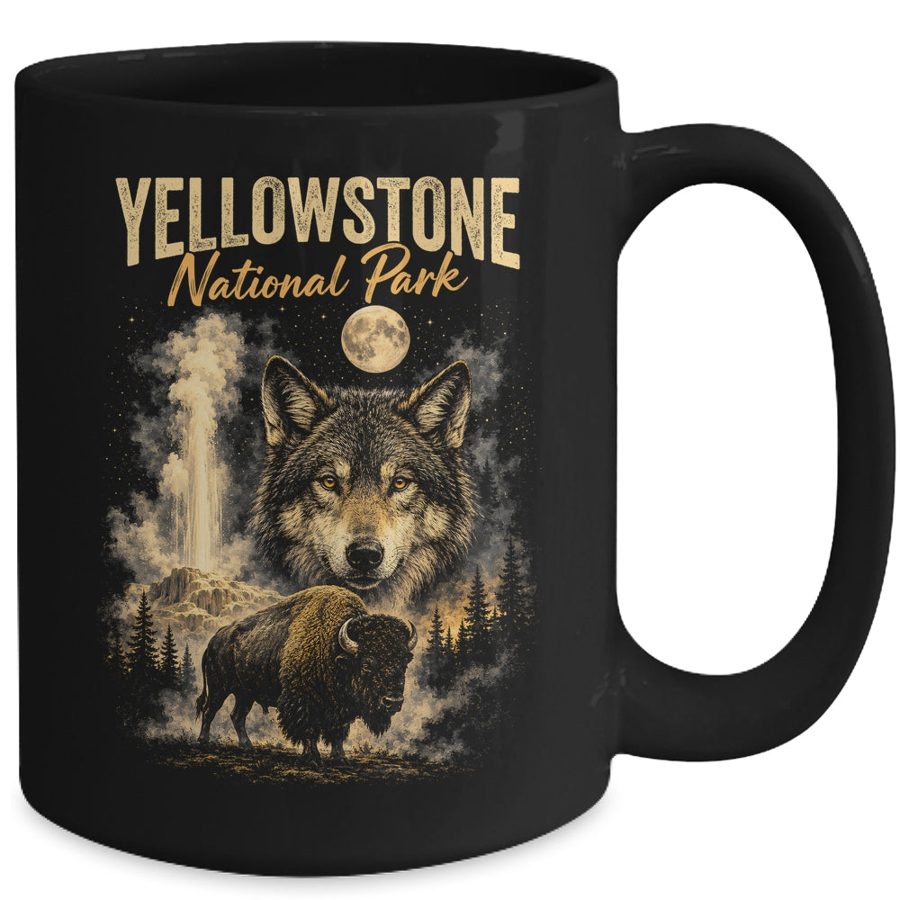 Yellowstone National Park Wolf And Bison Geyser Vintage Men Mug | teecentury