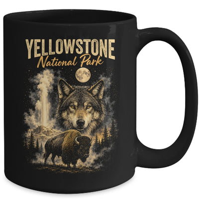 Yellowstone National Park Wolf And Bison Geyser Vintage Men Mug | teecentury