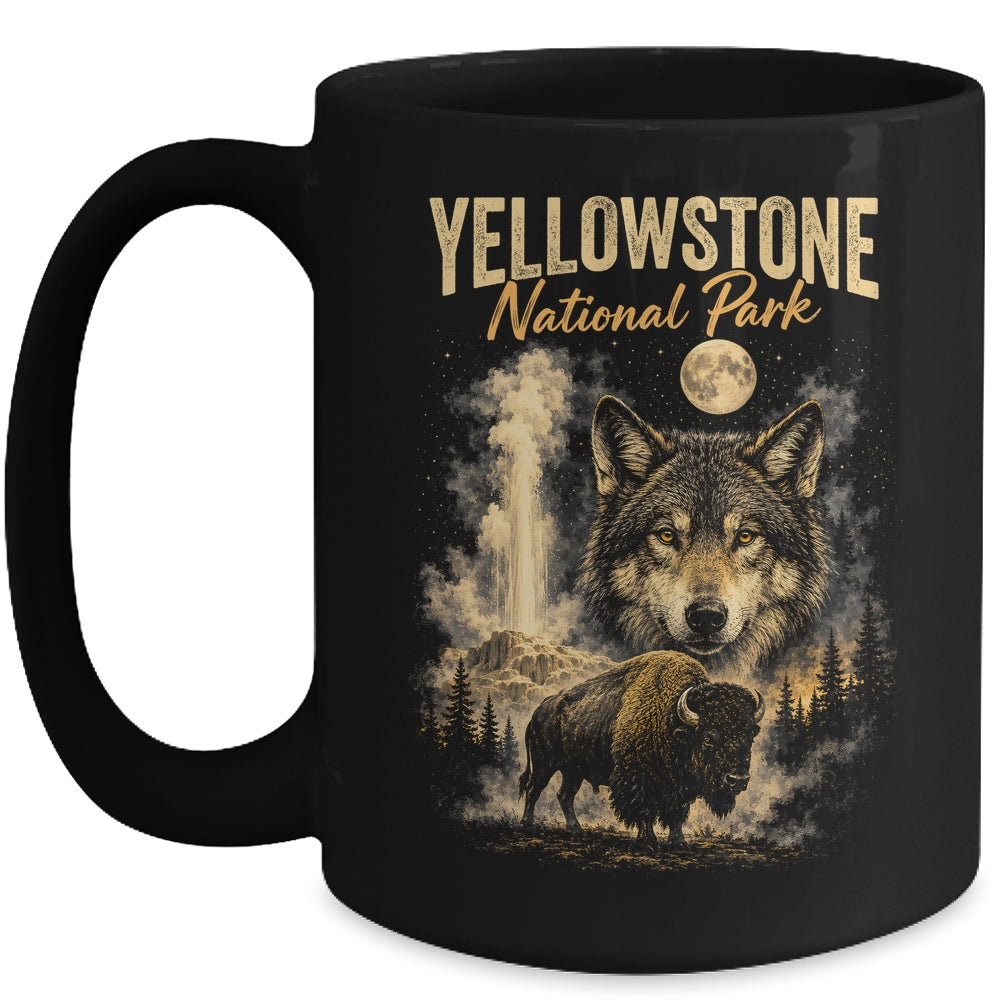 Yellowstone National Park Wolf And Bison Geyser Vintage Men Mug | teecentury