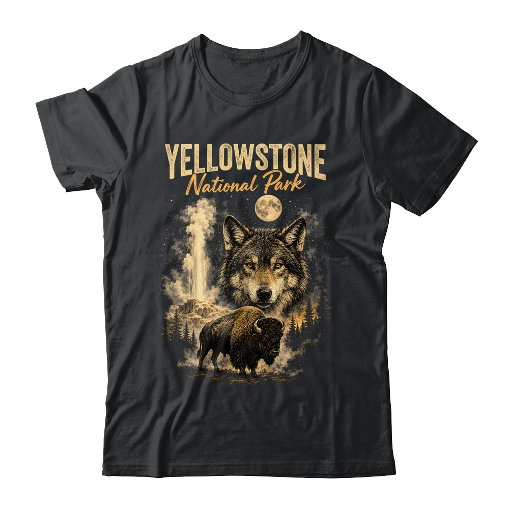 Yellowstone National Park Wolf And Bison Geyser Vintage Men Shirt & Hoodie | teecentury