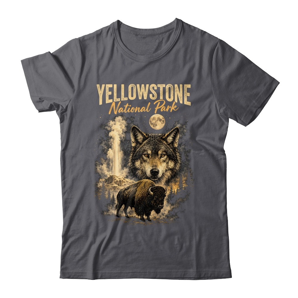 Yellowstone National Park Wolf And Bison Geyser Vintage Men Shirt & Hoodie | teecentury