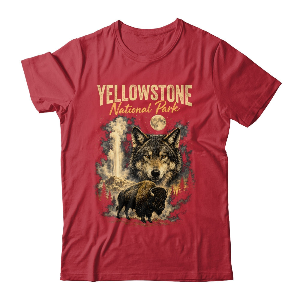 Yellowstone National Park Wolf And Bison Geyser Vintage Men Shirt & Hoodie | teecentury