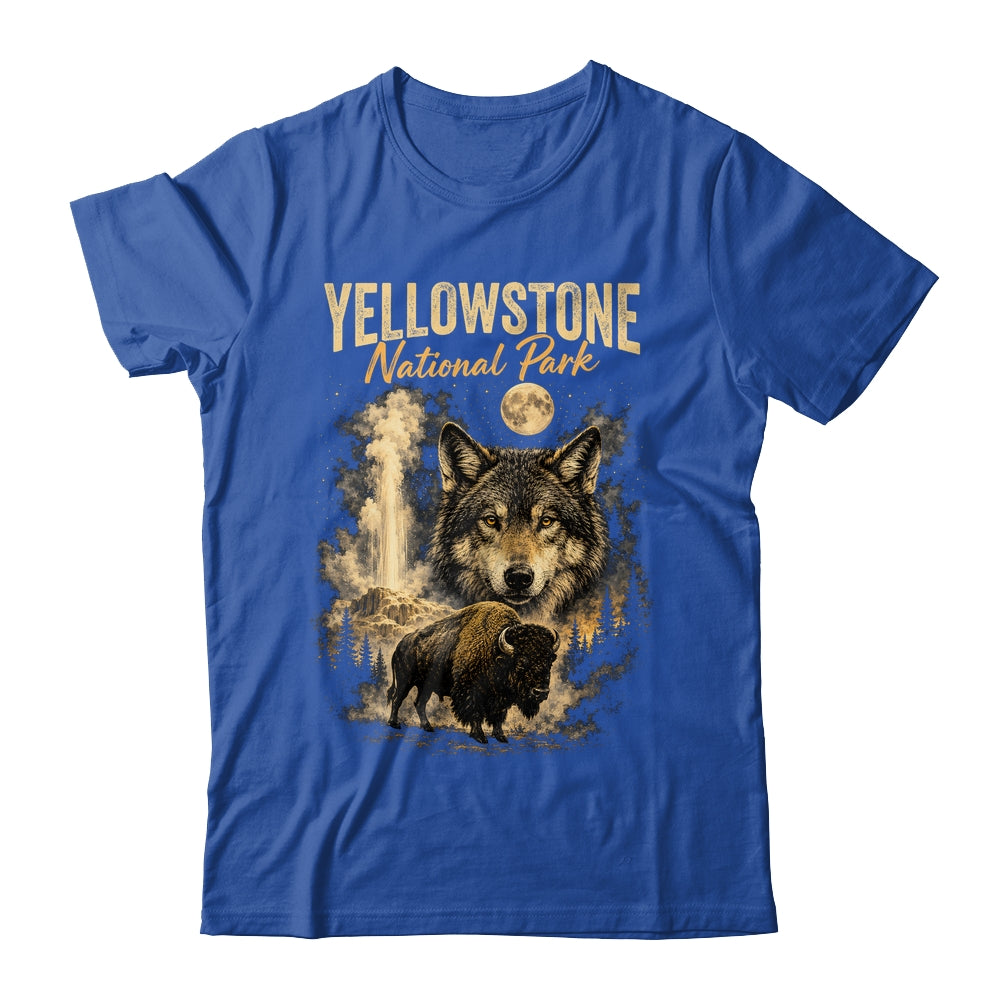 Yellowstone National Park Wolf And Bison Geyser Vintage Men Shirt & Hoodie | teecentury