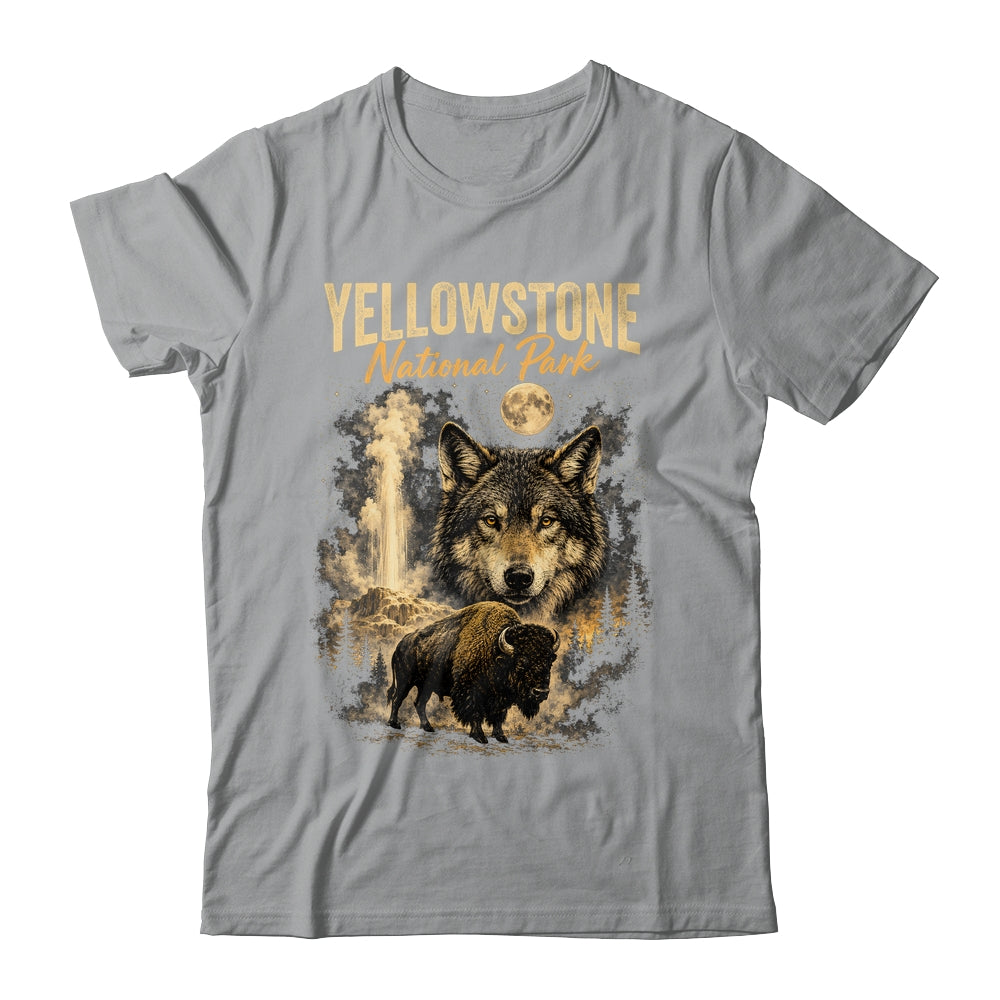 Yellowstone National Park Wolf And Bison Geyser Vintage Men Shirt & Hoodie | teecentury