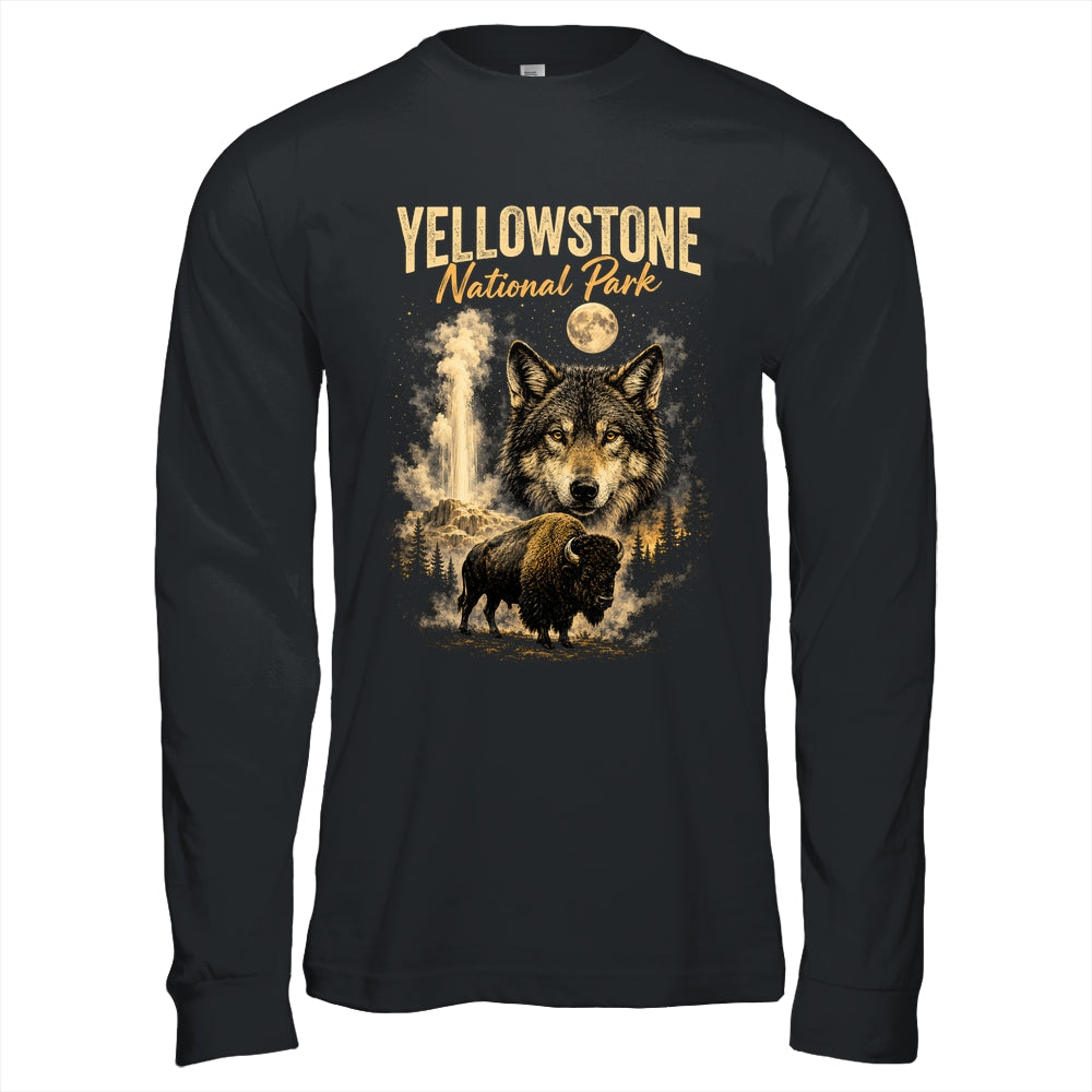 Yellowstone National Park Wolf And Bison Geyser Vintage Men Shirt & Hoodie | teecentury
