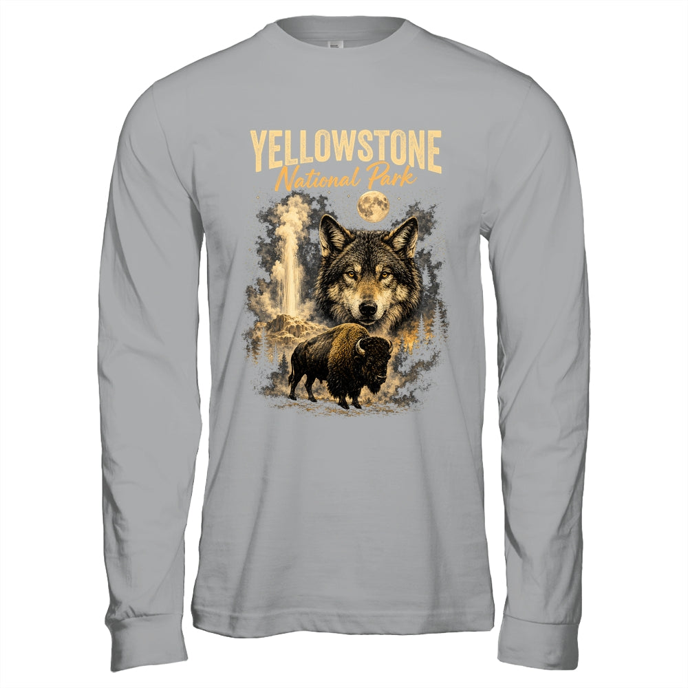 Yellowstone National Park Wolf And Bison Geyser Vintage Men Shirt & Hoodie | teecentury