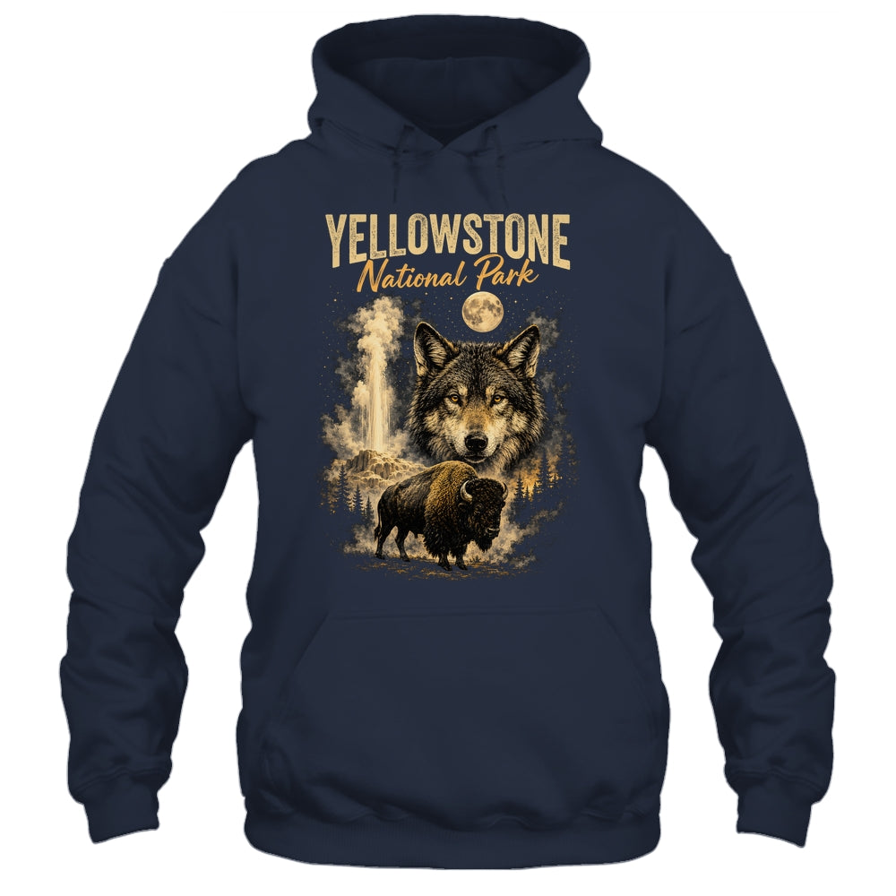 Yellowstone National Park Wolf And Bison Geyser Vintage Men Shirt & Hoodie | teecentury