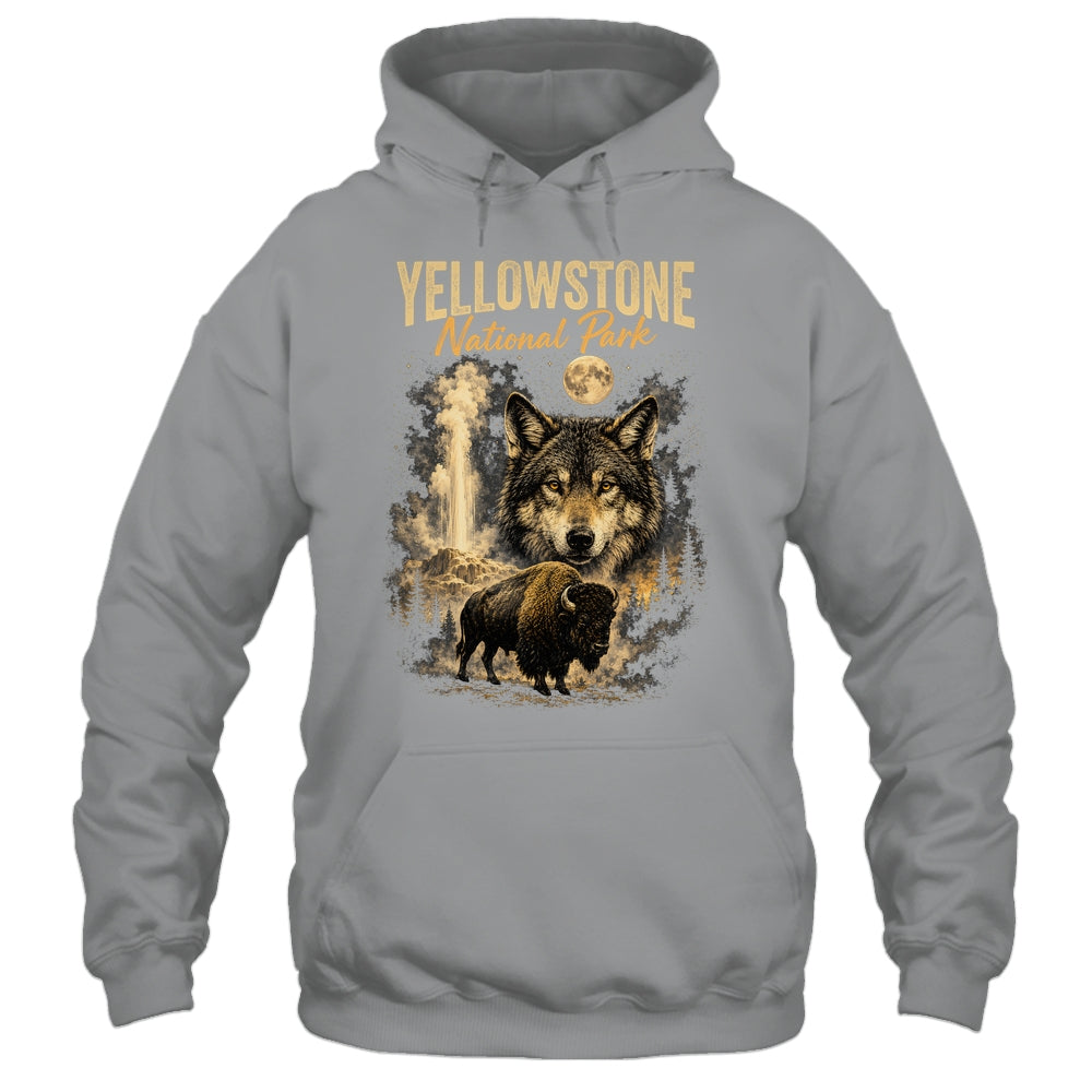 Yellowstone National Park Wolf And Bison Geyser Vintage Men Shirt & Hoodie | teecentury