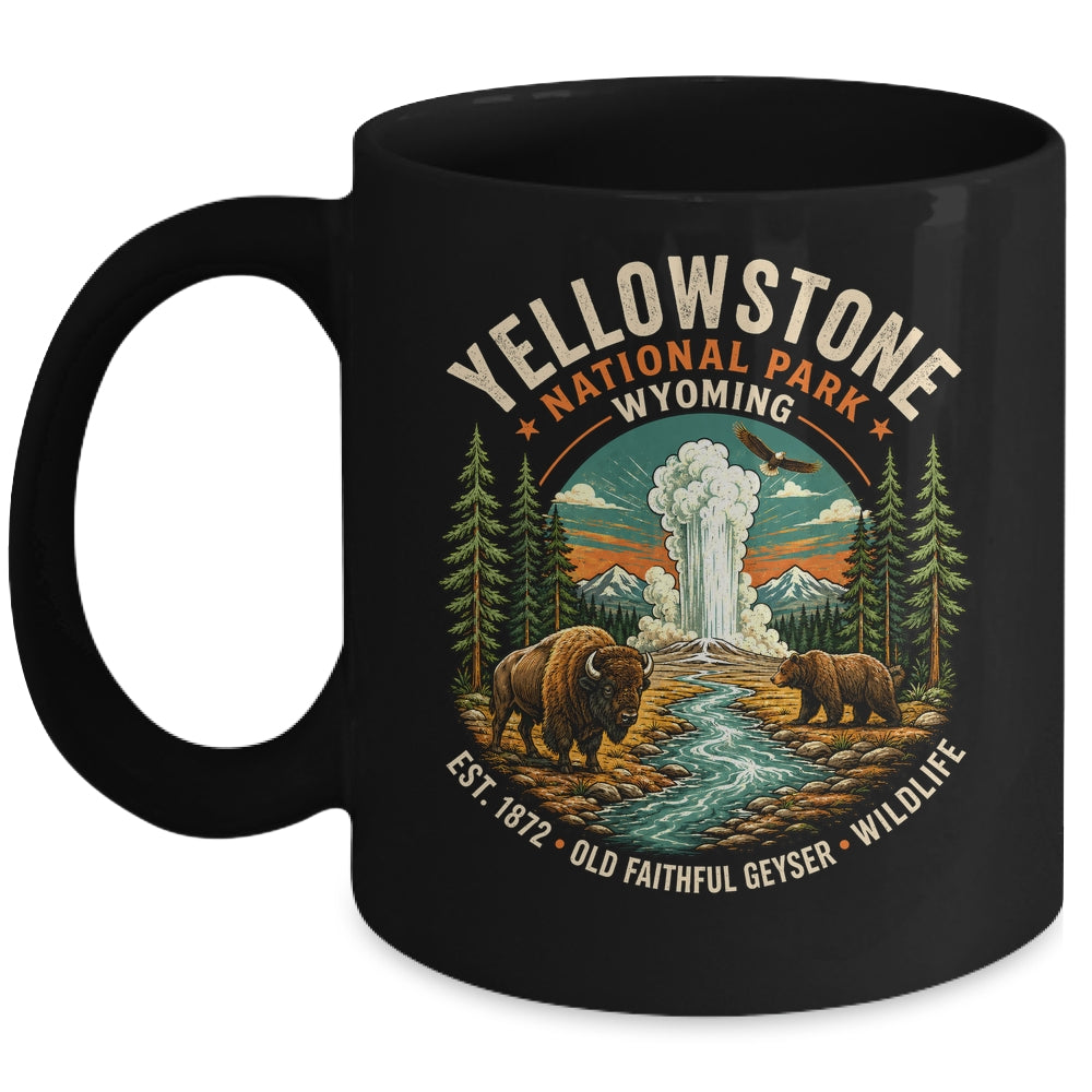 Yellowstone National Park Wyoming Bison Geyser Badge Travel Mug | teecentury
