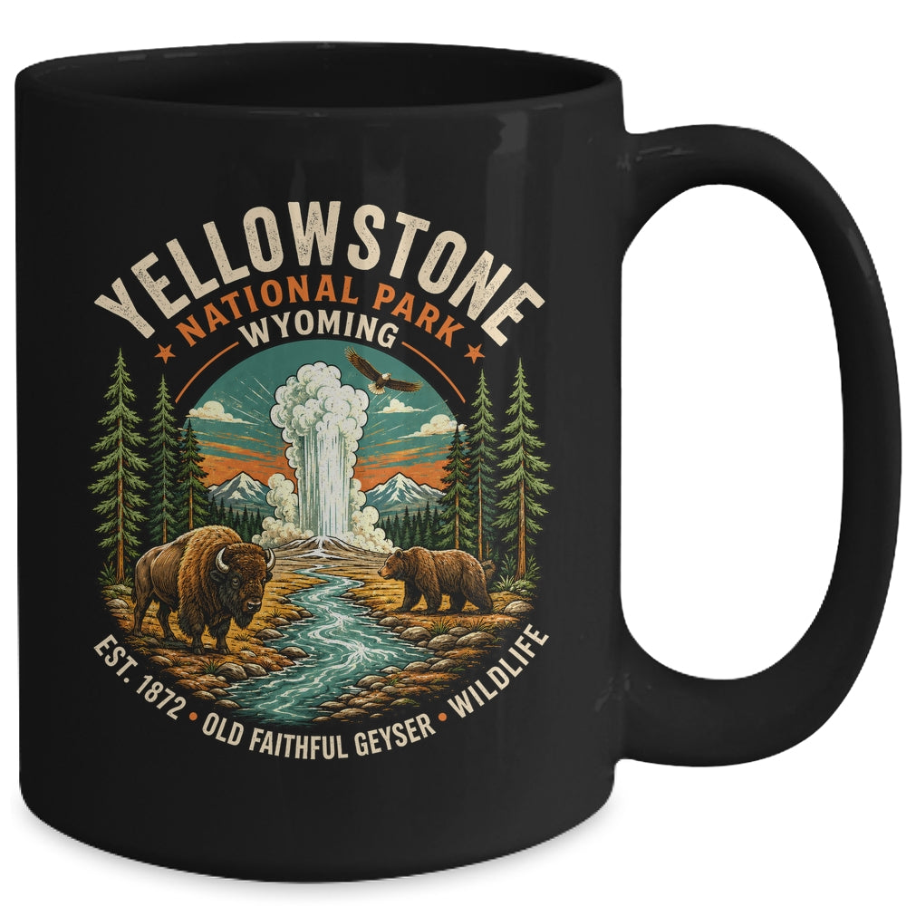 Yellowstone National Park Wyoming Bison Geyser Badge Travel Mug | teecentury
