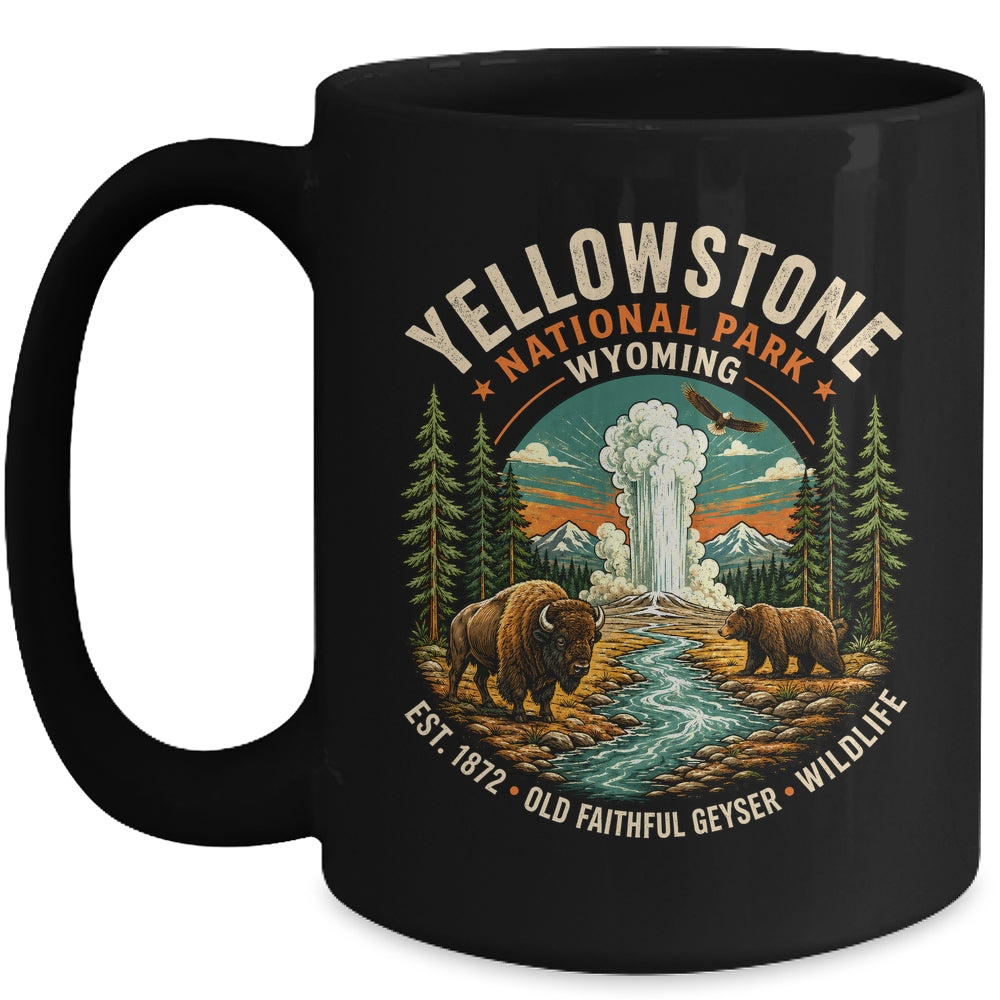 Yellowstone National Park Wyoming Bison Geyser Badge Travel Mug | teecentury