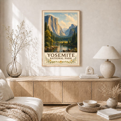 Yosemite National Park Vintage Landscape Wall Poster Rustic Mountain Valley River Nature Travel Gift Art Print For Cabin Home Living Room Outdoor Lovers Unframed | teecentury
