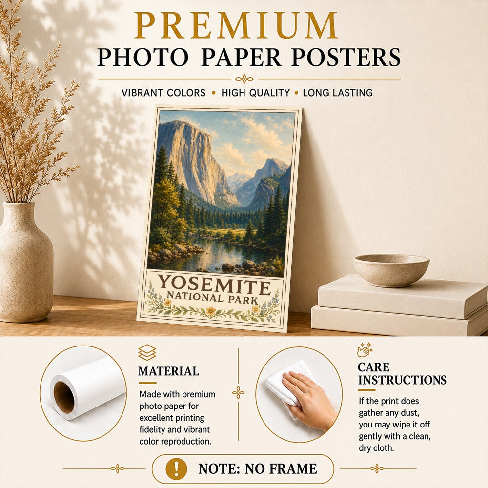 Yosemite National Park Vintage Landscape Wall Poster Rustic Mountain Valley River Nature Travel Gift Art Print For Cabin Home Living Room Outdoor Lovers Unframed | teecentury
