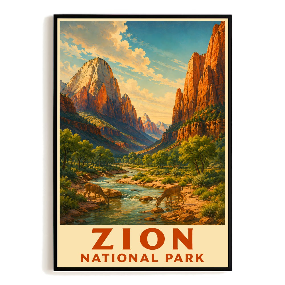Zion National Park Vintage Travel Poster Retro Red Rock Canyon Landscape Wall Art Print Wildlife River Nature Decor Ideal For Home Living Room Office Gift Unframed | teecentury