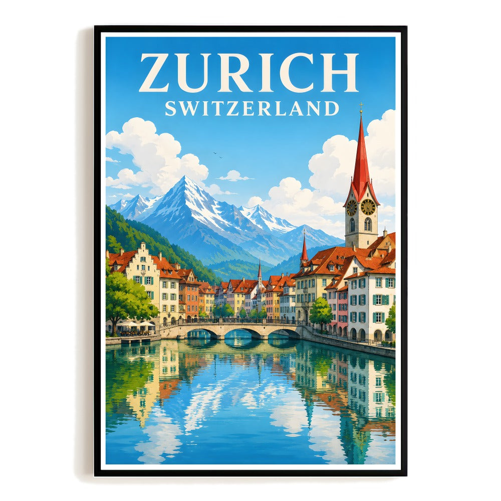Zurich Switzerland Travel Poster Vintage European Cityscape Wall Art Landscape Print Painting Picture Ideal For Home Living Room Office Bedroom Kitchen Decor Unframed | teecentury