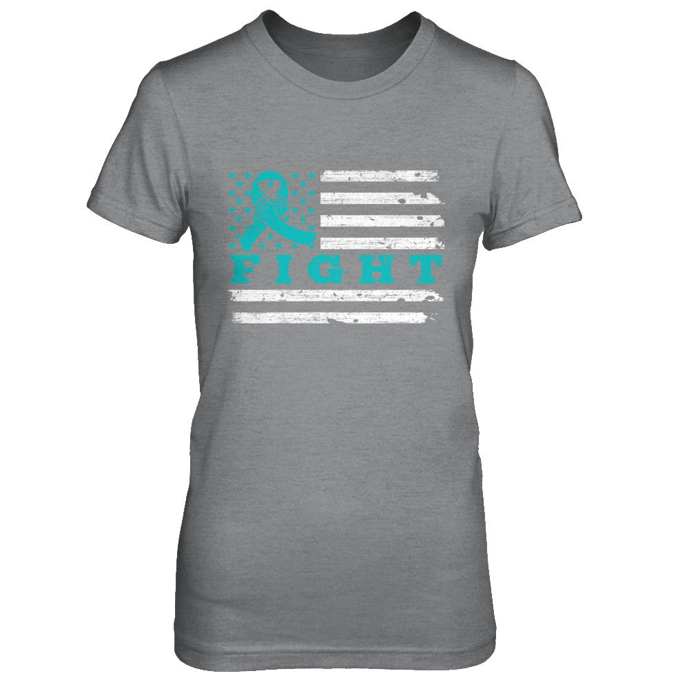 Fight Teal Ribbon US Flag Ovarian Cancer Awareness T-Shirt & Hoodie | Teecentury.com
