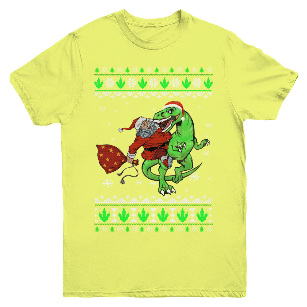 Santa Riding Dinosaur T-Rex Ugly Christmas Sweater Youth Youth Shirt | Teecentury.com