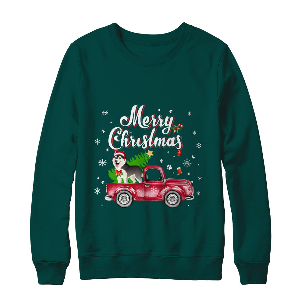 Husky Rides Red Truck Christmas Pajama T-Shirt & Sweatshirt | Teecentury.com