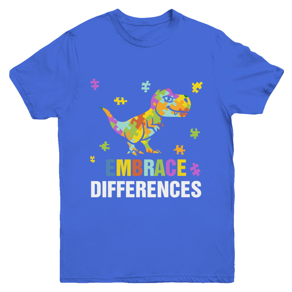Autism Awareness Puzzle Piece Dinosaur Embrace Differences Youth Youth Shirt | Teecentury.com
