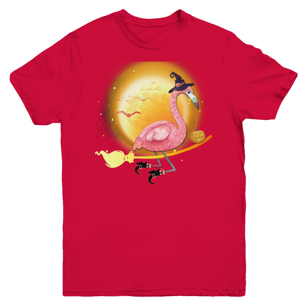Funny Halloween Flamingo Witch Broom Scary Youth Youth Shirt | Teecentury.com