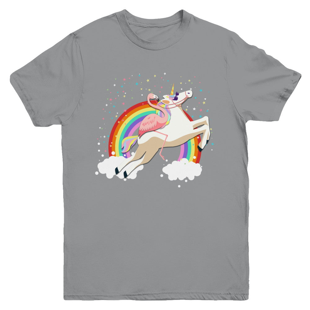 Flamingo Pink Bird Riding Unicorn Youth Youth Shirt | Teecentury.com