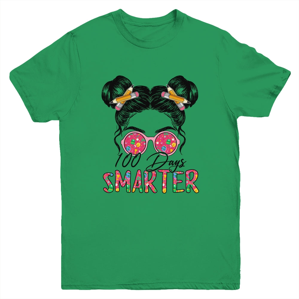 100 Days Smarter Girls Messy Bun Hair 100th Day Of School Youth Shirt | teecentury