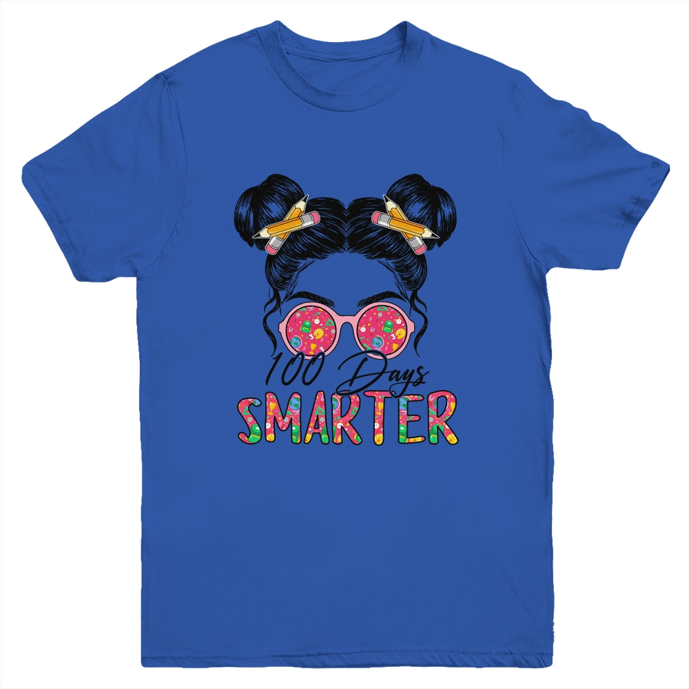 100 Days Smarter Girls Messy Bun Hair 100th Day Of School Youth Shirt | teecentury