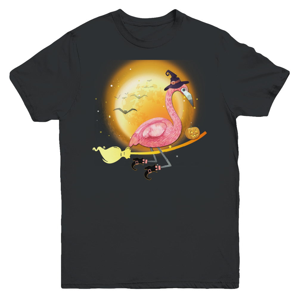 Funny Halloween Flamingo Witch Broom Scary Youth Youth Shirt | Teecentury.com
