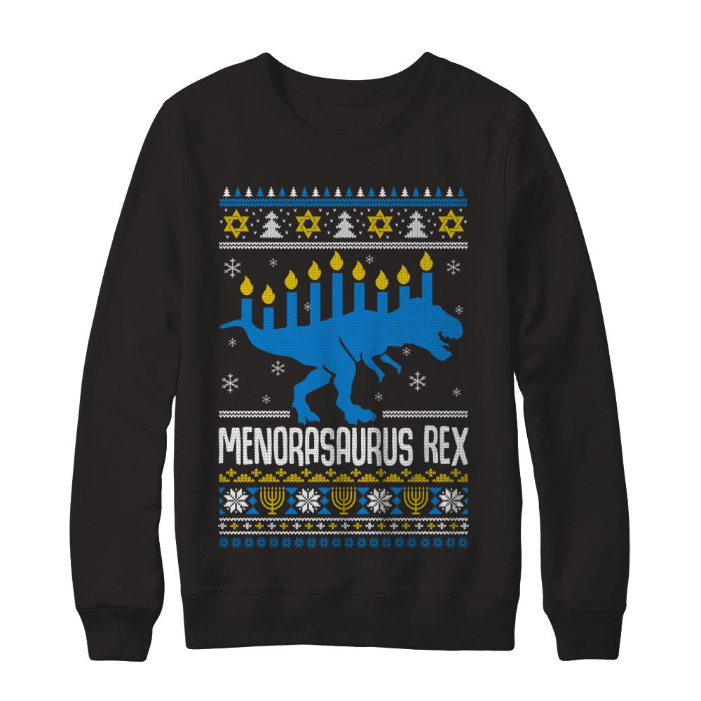 Funny Ugly Hanukkah Dinosaur T-Rex Menorasaurus Sweater T-Shirt & Sweatshirt | Teecentury.com