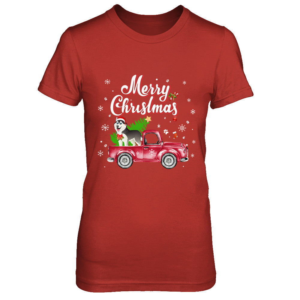 Husky Rides Red Truck Christmas Pajama T-Shirt & Sweatshirt | Teecentury.com
