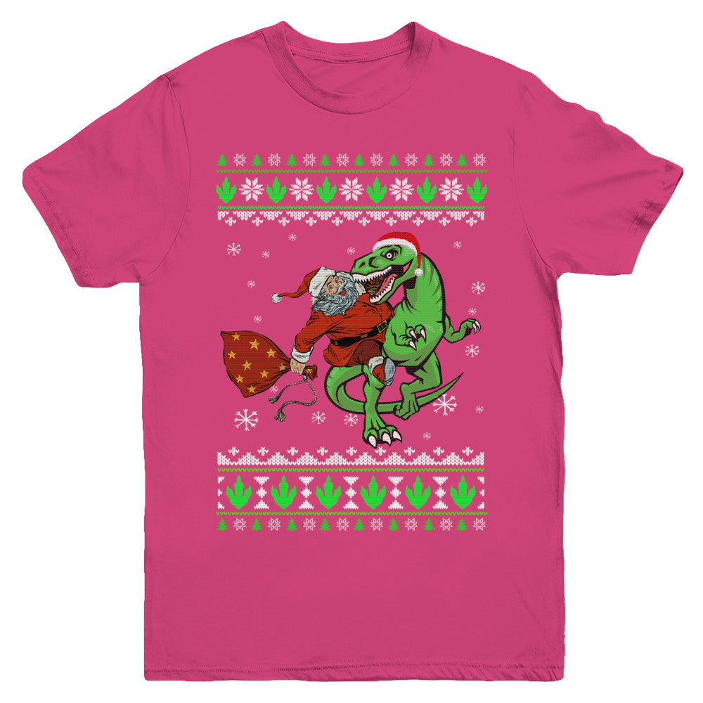 Santa Riding Dinosaur T-Rex Ugly Christmas Sweater Youth Youth Shirt | Teecentury.com