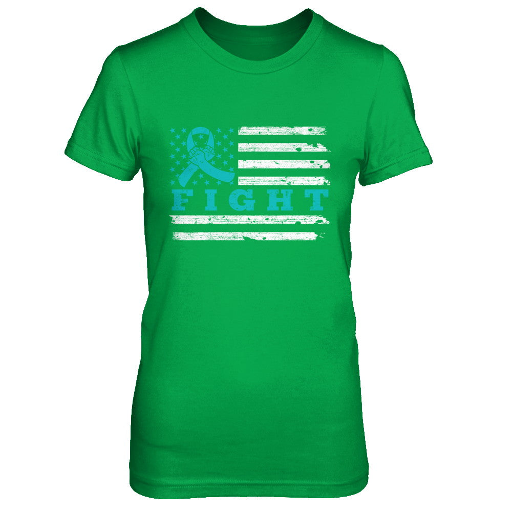 Fight Teal Ribbon US Flag Ovarian Cancer Awareness T-Shirt & Hoodie | Teecentury.com