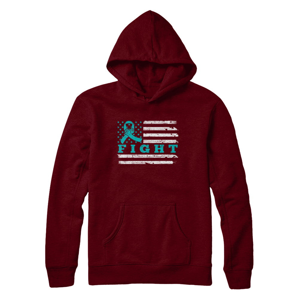 Fight Teal Ribbon US Flag Ovarian Cancer Awareness T-Shirt & Hoodie | Teecentury.com