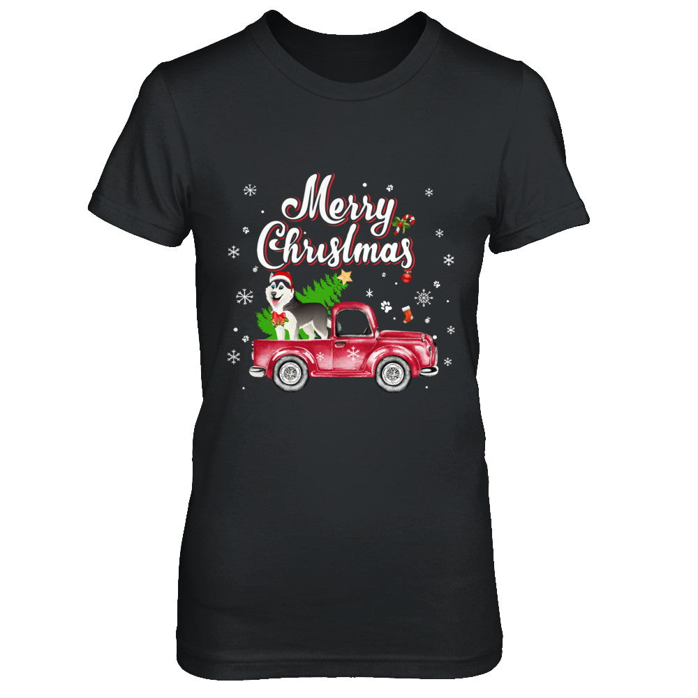 Husky Rides Red Truck Christmas Pajama T-Shirt & Sweatshirt | Teecentury.com