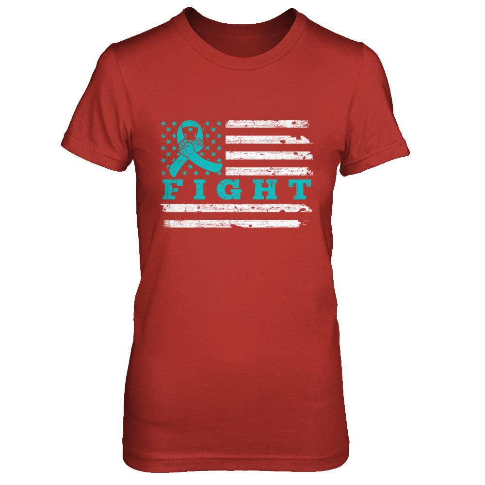 Fight Teal Ribbon US Flag Ovarian Cancer Awareness T-Shirt & Hoodie | Teecentury.com