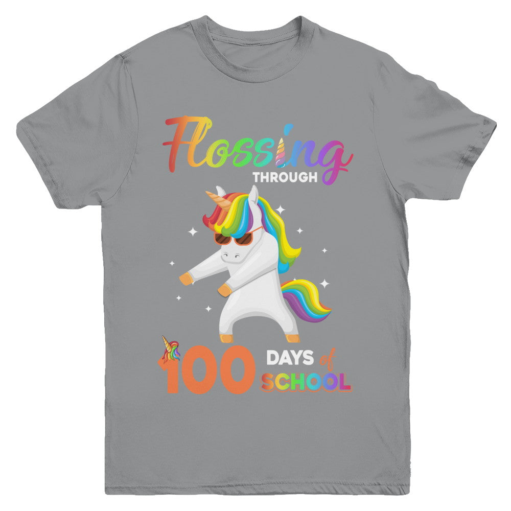 Flossing through 100 Days of School Unicorn Girl Youth Youth Shirt | Teecentury.com