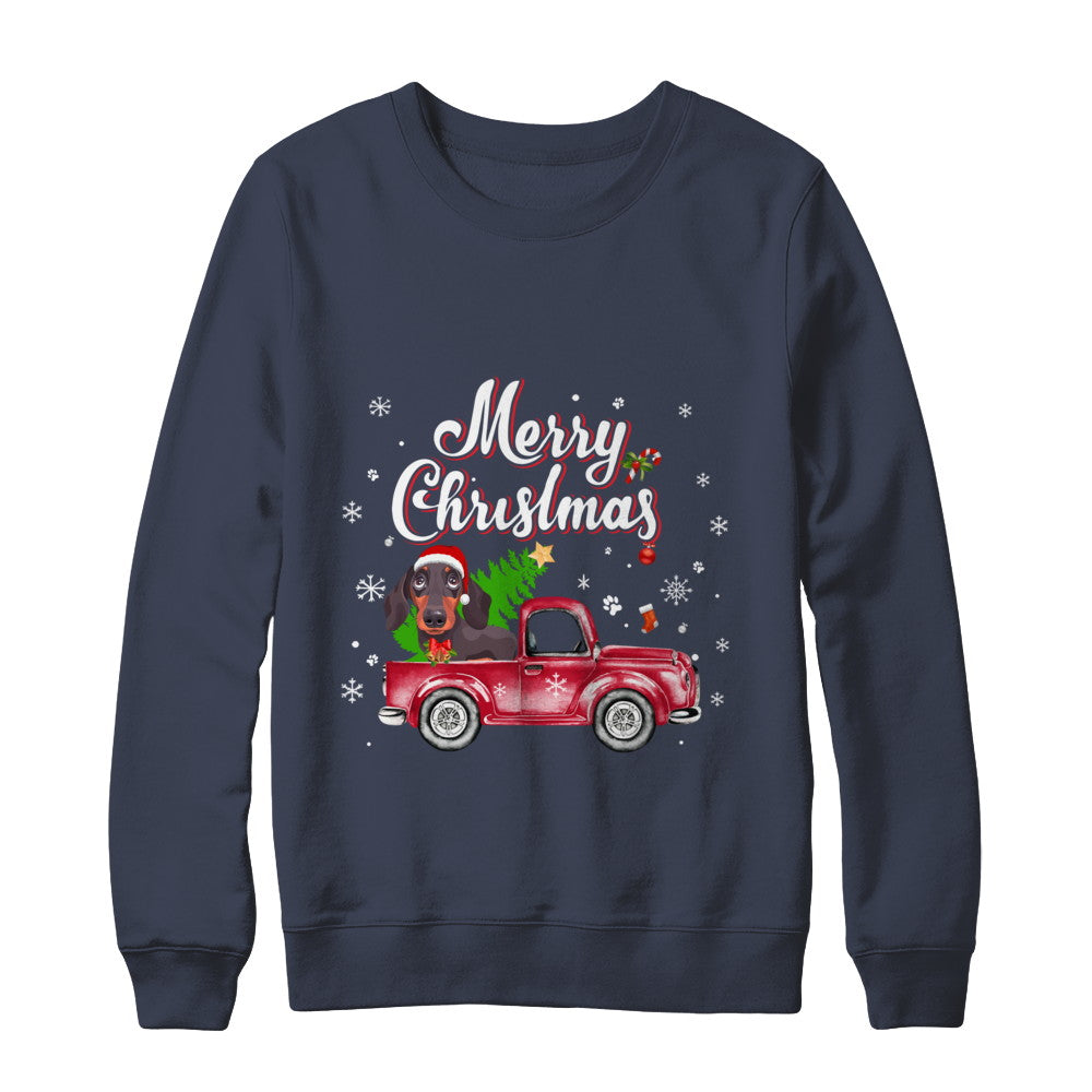 Dachshund Rides Red Truck Christmas Pajama T-Shirt & Sweatshirt | Teecentury.com