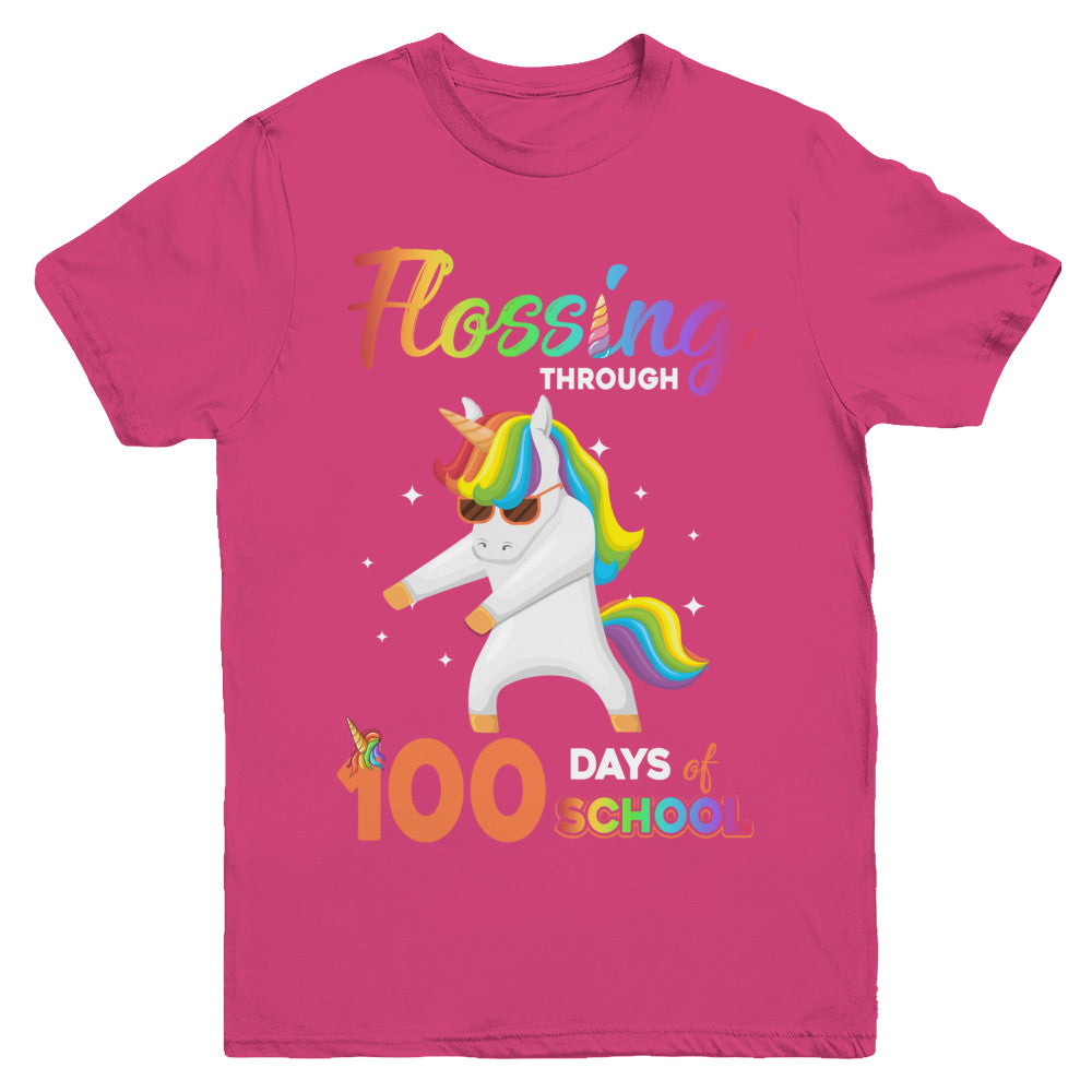 Flossing through 100 Days of School Unicorn Girl Youth Youth Shirt | Teecentury.com