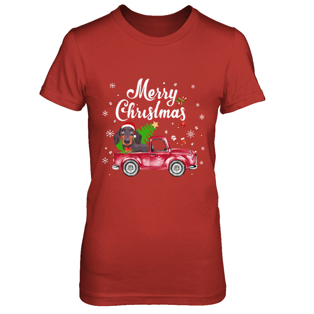 Dachshund Rides Red Truck Christmas Pajama T-Shirt & Sweatshirt | Teecentury.com